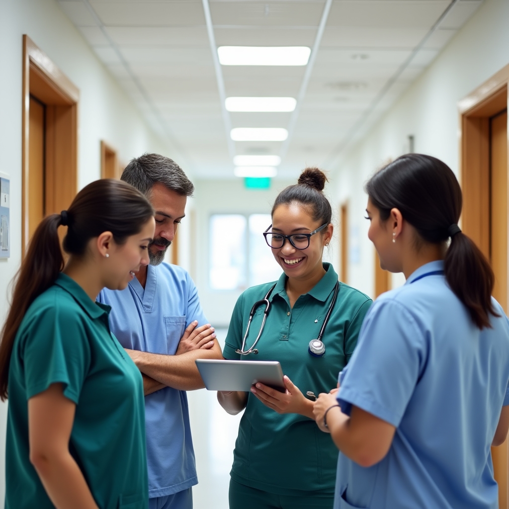 Team di una clinica riabilitativa in riunione per discutere strategie comunicative con i pazienti