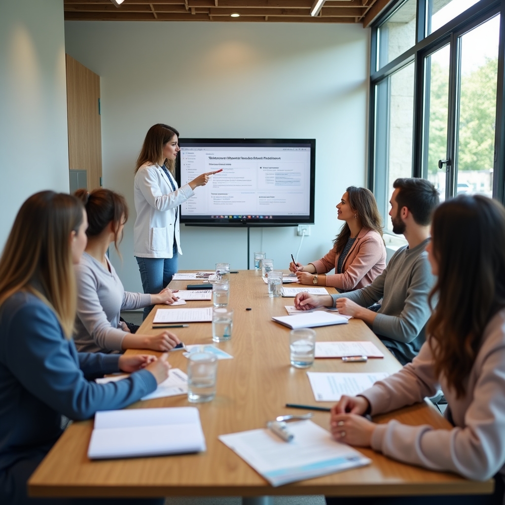 Team di professionisti sanitari in sessione di formazione in una clinica moderna